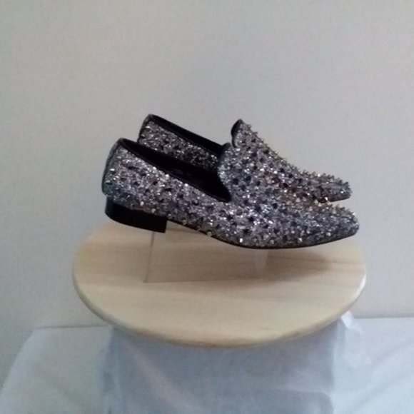 $170  Mens Loafer DRESS Shoes Spikes Glitter Black Gold Slip On Size 10 Fiesso